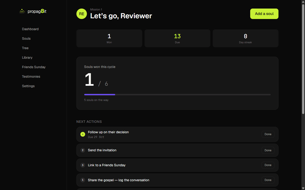 The website Dashboard: souls won this cycle, the Won, Due and Day streak counts, and a Next actions list with Done buttons.