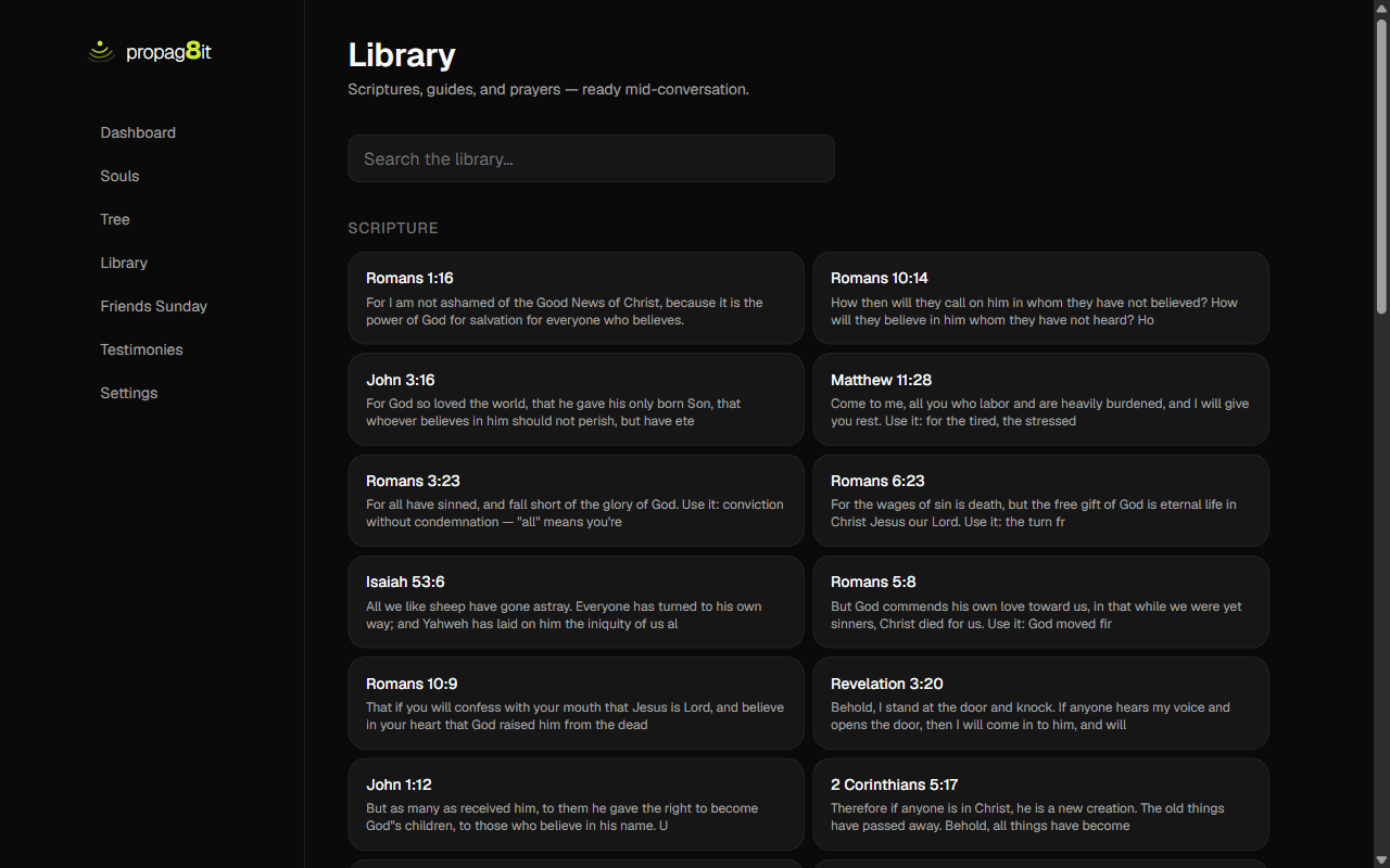 The website Library: a search box and scripture cards such as Romans 1:16 and John 3:16.