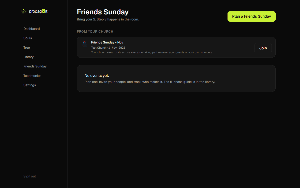 The website Friends Sunday page: a From your church card for the church's Friends Sunday, with a Join button.