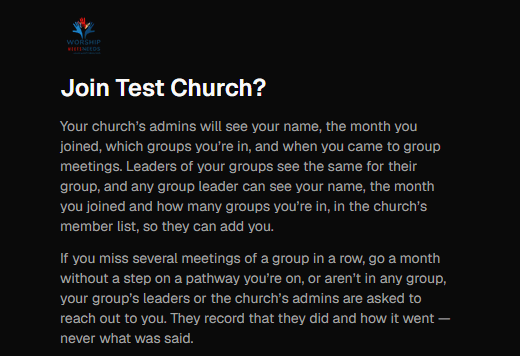 The website join page: the church's logo, Join Test Church?, and the first lines of what the church can see.
