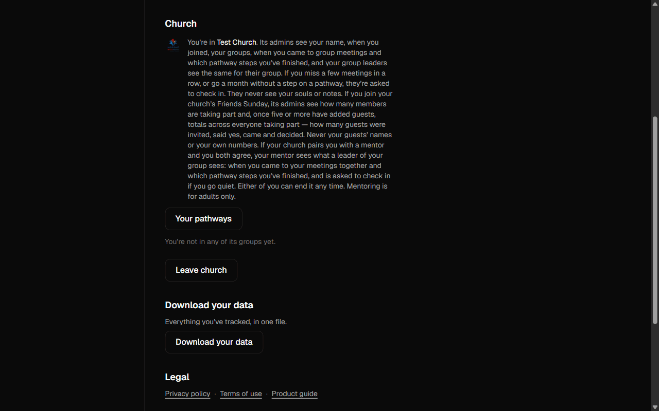The Church section of website Settings: what the church sees, the Your pathways button and the Leave church button.