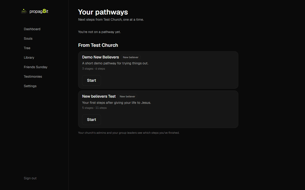 The website Your pathways page: two pathways from the church, each with a Start button.