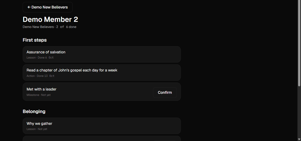A member's pathway on the website: finished steps marked Done, and a Met with a leader milestone with a Confirm button.